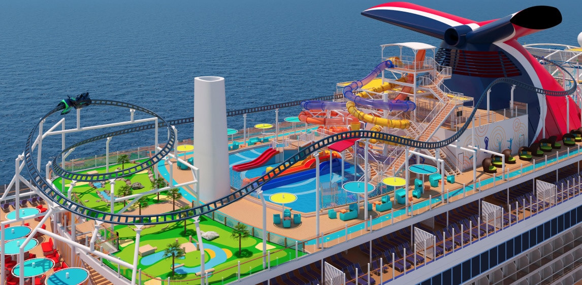 Back aerial view of Mardi Gras cruise ship, showing Carnival funnel, pool, waterslides and rollercoaster.
