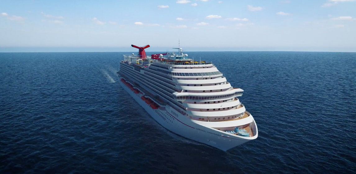 Front aerial render of Carnival Panorama cruise ship in the ocean.