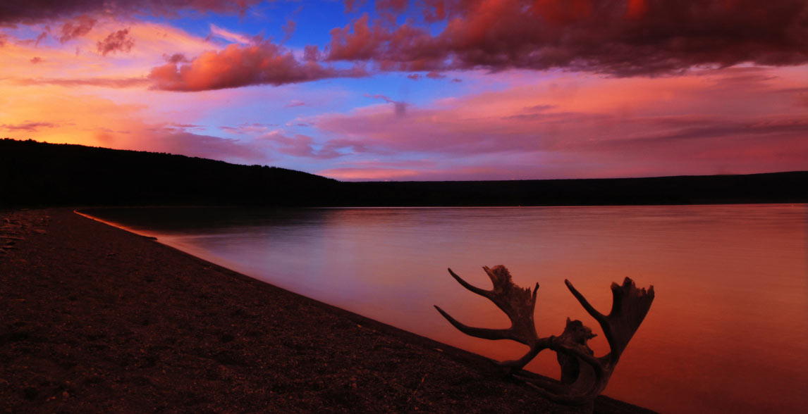 Sunset view of lake Katmai Naknek in Alaska.