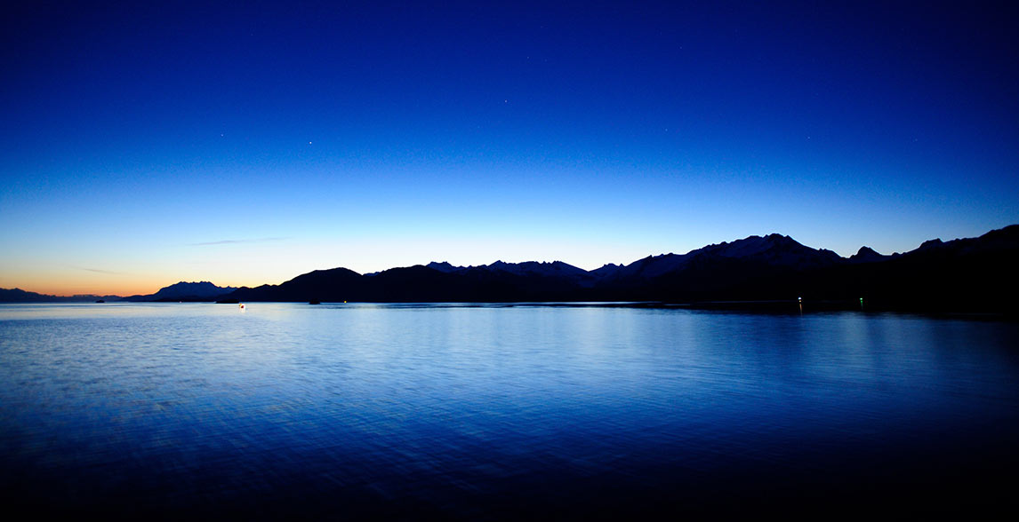 Picturesque view of Lynn canal at midnight.