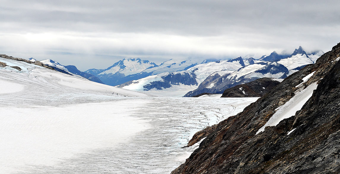 Snow filled mountain top.