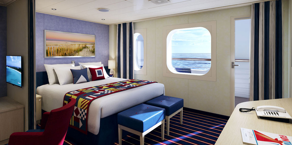 Nautical inspired family stateroom with ocean view.