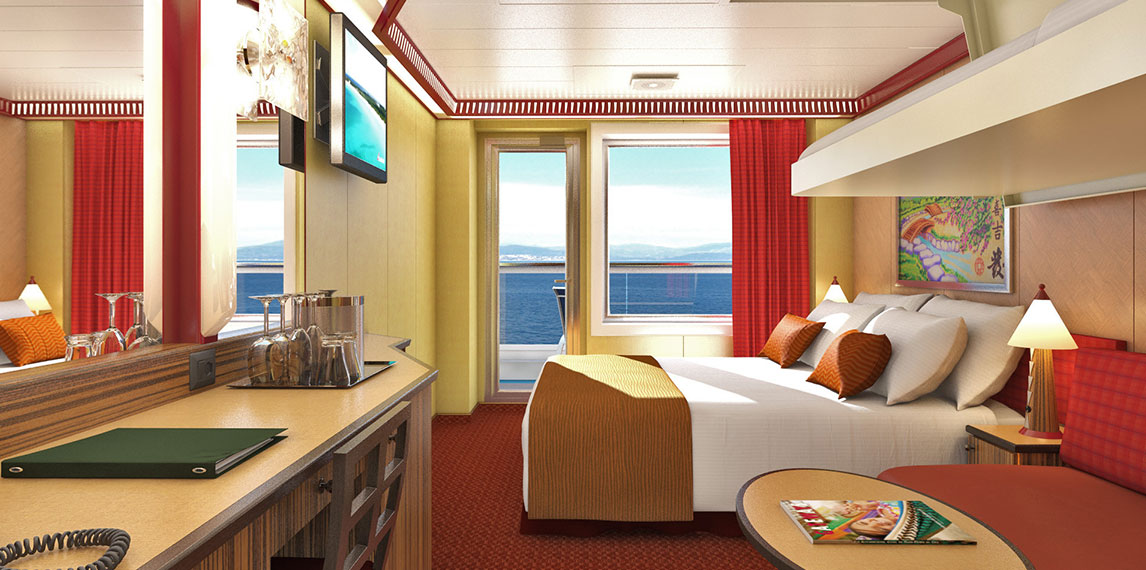 Spacious Cloud 9 spa stateroom with TV and ocean view.