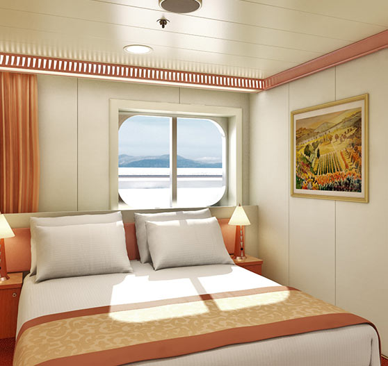 Interior of window stateroom on Carnival Glory.