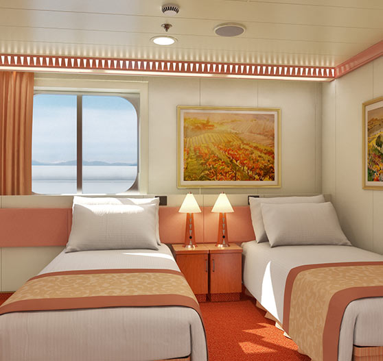 Interior of window stateroom on Carnival Glory.