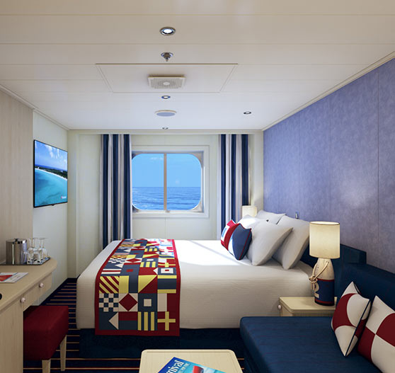 Family harbor suite stateroom interior on Carnival horizon.