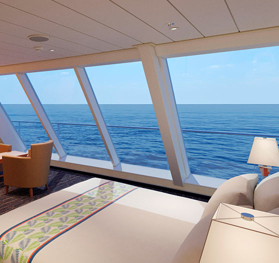 Scenic ocean view stateroom interior on Carnival paradise.