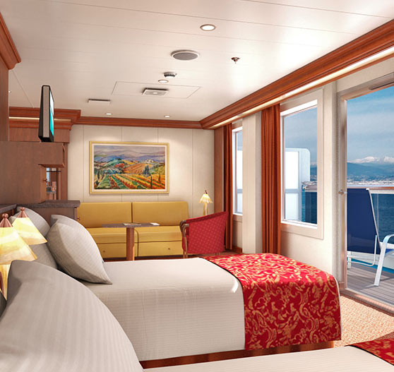 Ocean suite stateroom interior on Carnival Splendor.