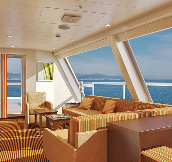 Captain suite stateroom interior on Carnival Splendor.