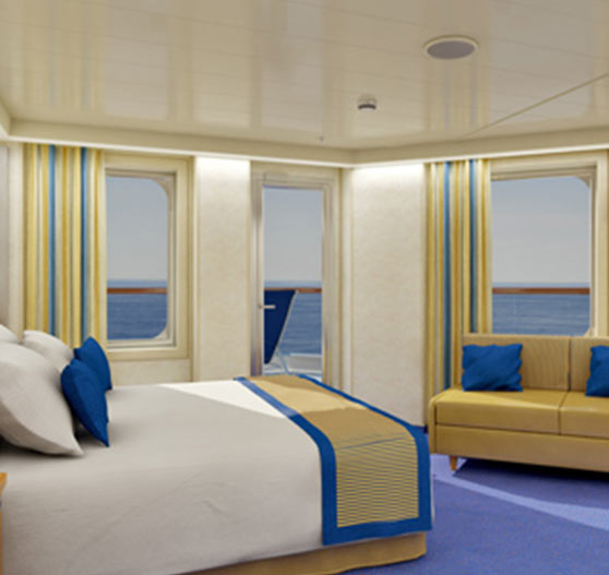 Ocean suite stateroom interior on Carnival Sunshine.