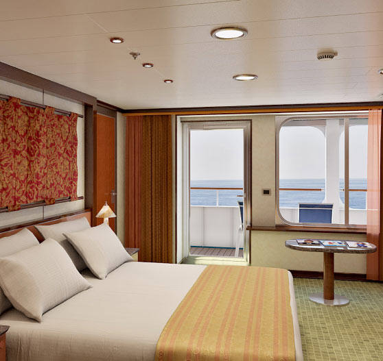Interior of grand suite stateroom on Carnival Ecstasy.