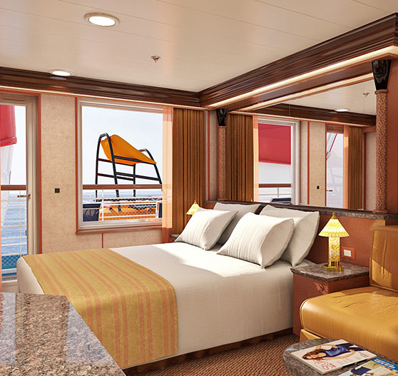 Interior of junior suite stateroom on Carnival Ecstasy.