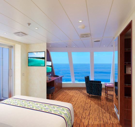 Interior of grand vista suite stateroom on carnival elation.