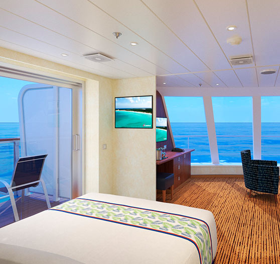 Interior of grand vista suite stateroom on carnival elation.