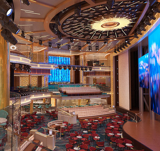 Interior of the atrium on Mardi Gras at night.