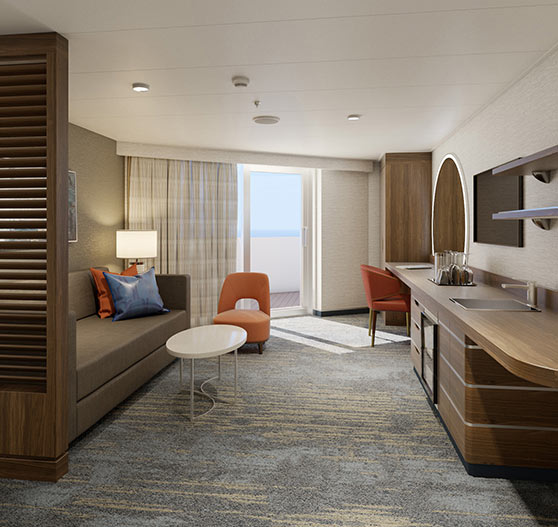 Interior of Excel corner suite stateroom on Mardi Gras.